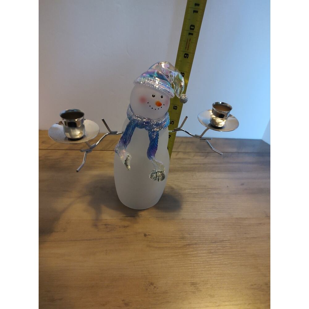 Snowman Glass W/Silver Tone Candle Holders Arms 8.5" Tall, Blue Scarf & Hat